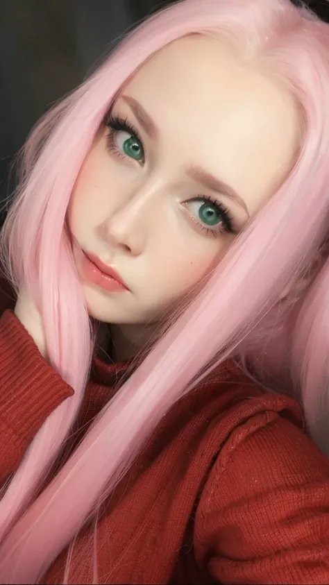 young woman, porcelain skin, long bubblegum pink hair, big pink lips, big emerald green eyes, pink eyebrows, red clothes, Sakura Haruno, 3d, realism, 8k