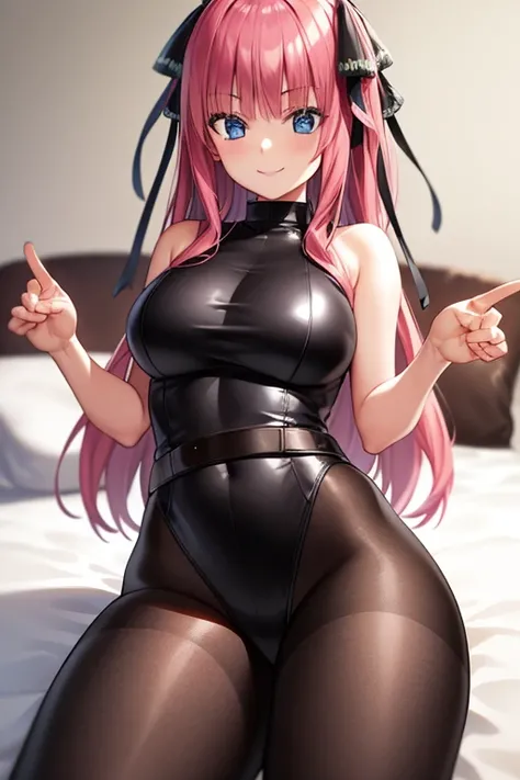 ​masterpiece, Better Quality, Anime, ighly detailed, 1 girl in, Solo, Nakano Nino, A pink-haired, moth fur decoration, large full breasts, smil, bottom bedroom with bed, blacl leather, garterbelts，Black tights