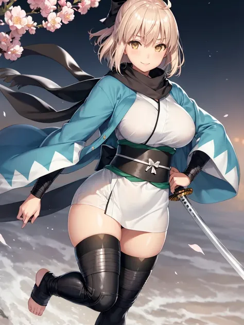 (extremely detailed CG), (best quality), perfect face, shiny skin, lustrous skin,wide hips,   1girl,solo , OkitaSouji,arm guards,wide sleeves,toeless legwear,bangs,obi, white kimono, shinsengumi, black thighighs, yellow eyes,thighhighs , short kimono, haor...