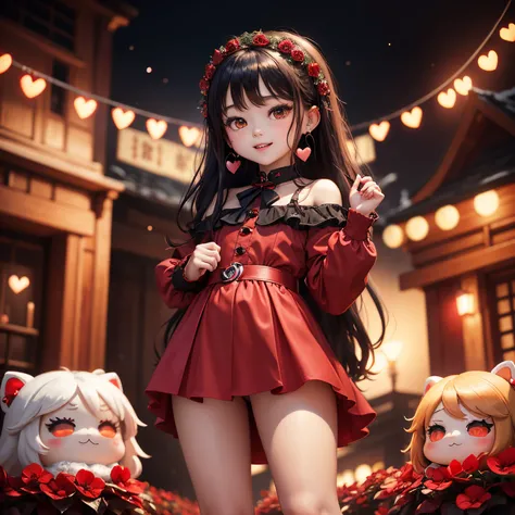 ​masterpiece、top-quality、ultra-detailliert、(Chibi Charas Daughter:1.2)、(Red color heart motif earrings:1.3)、Black long-haired、Santa Claus Cosplay、Standing、Open your mouth and smile、illuminations、Christmas Wreath