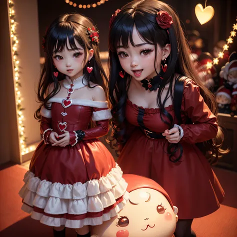 ​masterpiece、top-quality、ultra-detailliert、(Chibi Charas Daughter:1.2)、(Red color heart motif earrings:1.3)、Black long-haired、Santa Claus Cosplay、Standing、Open your mouth and smile、illuminations、Christmas Wreath