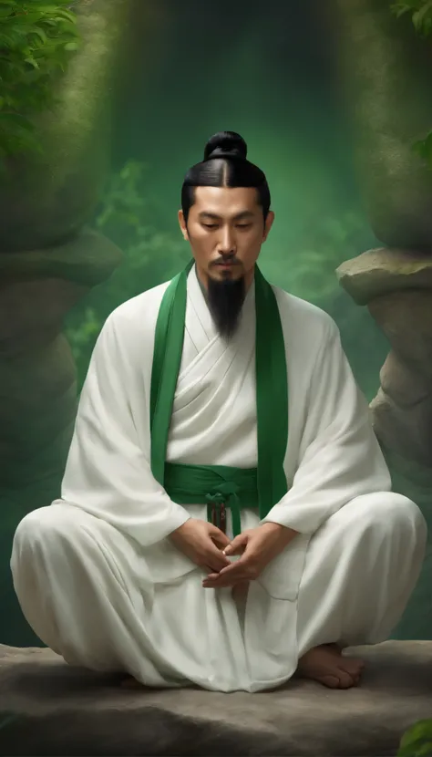 Taoist priest with immortal demeanor，Sitting on the stone in white clothes，Green background