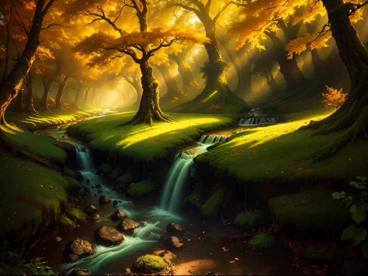 The tree々The stream flowing through the lush forest covered with grass、Illuminated by the light of the leakage of the trees, David Martin, naturalism, matte painting, forest