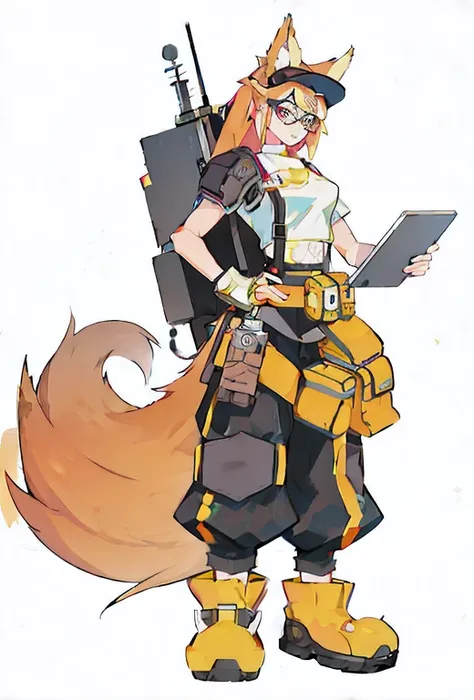 Anime character holding a gun，Put your tablet in your backpack, an anthropomorphic cyberpunk fox, girl fox, as an overwatch character, femele, full body concept, as an overwatch character, Official character art, fox scientist, ( ( Character concept art ) ...