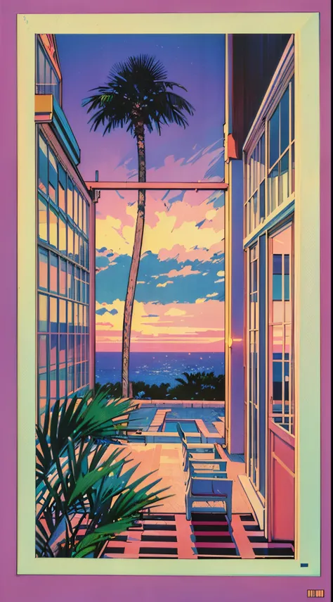 (((Hiroshi Nagai)))，Sunset，Faraway view，Palm trees， shores，Abstract，Resort，muted pastel colors，Soft Pictures，retro anime, 1990s anime, 1980s anime, retro anime，Retro anime style，masutepiece, Best Quality, Old School Anime, Beautiful anime