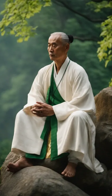 A Taoist priest has an immortal demeanor，Sitting on the stone in white clothes，Green background