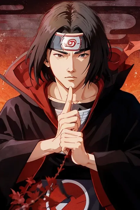 brunette color hair、anime character in red cloak raising finger, uchiha itachi, uchiha floor, itachi​, uchiha sasuke, xiaoming, ...