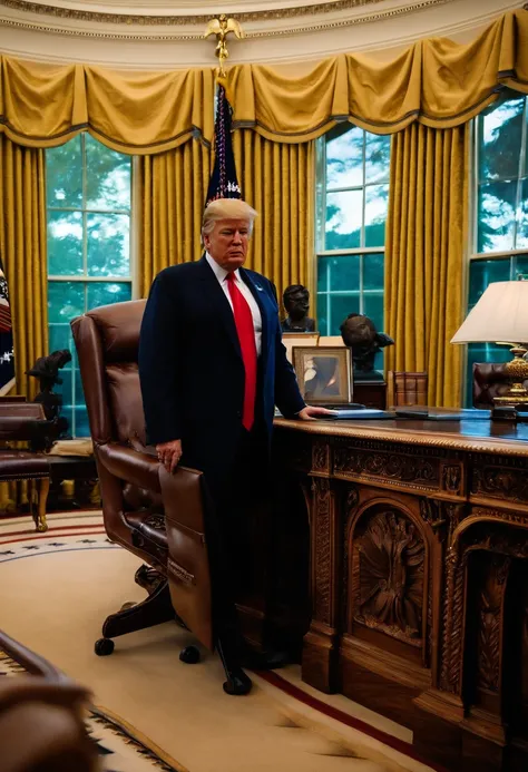 A photo of the user in the Oval Office behind the Resolute Desk,original,Donald Trump is looking crazy good, handsome ass bro, always in a black car. Has drip. Diamond chains. Gold crown., male