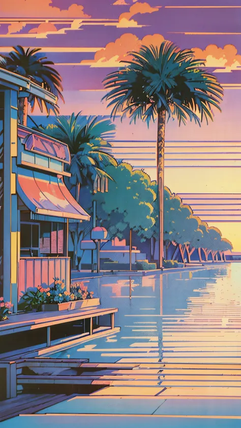 (((hiroshi nagai)))，sunset，faraway view，palm trees， shores，abstract，resort，muted pastel colors，soft pictures，retro anime, 1990s ...