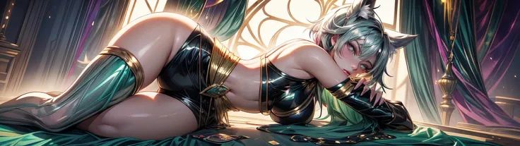 attractive anime young woman with multicolored jade and silver straked lined hair, green and white wig, fully body compsition, a short haired petite pixie tomboy, (Art deco, versace gucci armani saintlaurent luisvuitton,) (Metallic gold and obsidian shadin...