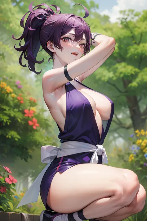 (Best quality:1.1), (tmasterpiece:1.2), sporty attire, 1 busty girl, yuzuriha_(earthly happiness), Purple colored hair, Brown eyes, ninjartist, Open your clothes, LOP, smallunderboob, Top knot, Medium hair, breasts parted, white sash, Perverted giggle, Out...