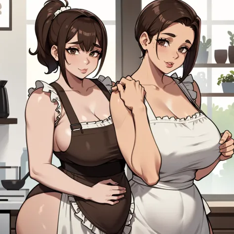 A female with short brown haircut ponytail, wearing nothing but a short frilly apron, thicc, soio, sozinho, (soio)(sozinho), mostrando clivagem, virado para a frente, olhando para mim, Ansioso, mostrando barriga, na cozinha assando doces