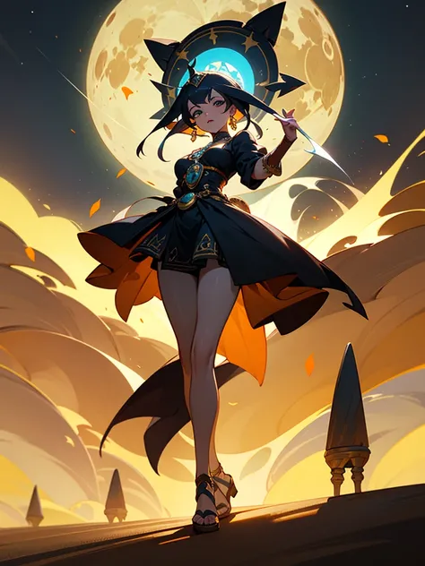 Gerar uma imagem de uma mulher de anime com pele bronzeada, wearing an elaborate Egyptian goddess outfit. Place her against a vast desert background. Descreva-a com preto, cabelos curtos e hipnotizantes, olhos azuis brilhantes. Make sure your arms and legs...