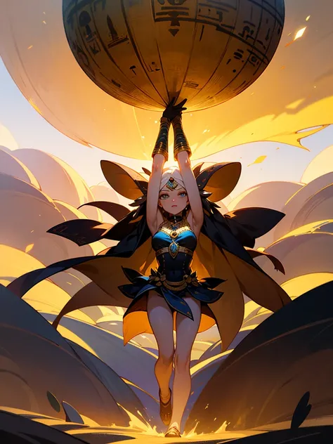 Gerar uma imagem de uma mulher de anime com pele bronzeada, wearing an elaborate Egyptian goddess outfit. Place her against a vast desert background. Descreva-a com preto, cabelos curtos e hipnotizantes, olhos azuis brilhantes. Make sure your arms and legs...