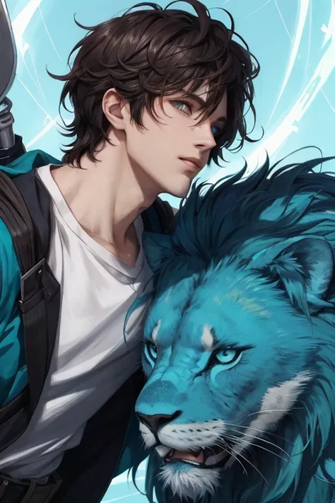 Anime boy with semi-curly dark brown hair teal eyes and sword talking with glowing blue lion