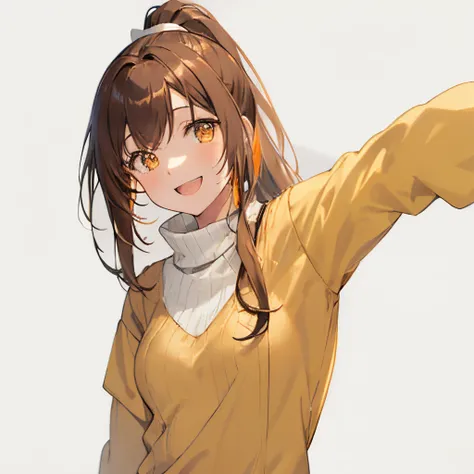 【Highest Quality, masutepiece】 [girl, Manteau, expressioness,deep orange eyes, front facing,dark brown hair,long ponytail hair,yellow knit cloth, Happy, Upper body] (Gray white background:1.2),very happy smile,boobs,