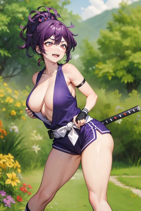 (Best quality:1.1), (tmasterpiece:1.2), sporty attire, 1 plump girl, yuzuriha_(earthly happiness), Purple colored hair, Brown eyes, ninjartist, Open your clothes, Lop, Small under breasts, Top knot, Medium hair, breasts parted, white sash, Perverted giggle...