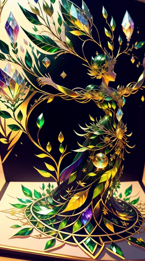 Plant Maiden，Vine Princess，Witch of Thorns，Beautiful line art photo，Use gold strokes and rainbow paint，Golden Maiden，the golden ratio，Melted wax，Visible brush strokes，surrounded by crystal spheres，3D Mosaic Wireframe，neuroimaging，neurons，The Tree of Life，c...