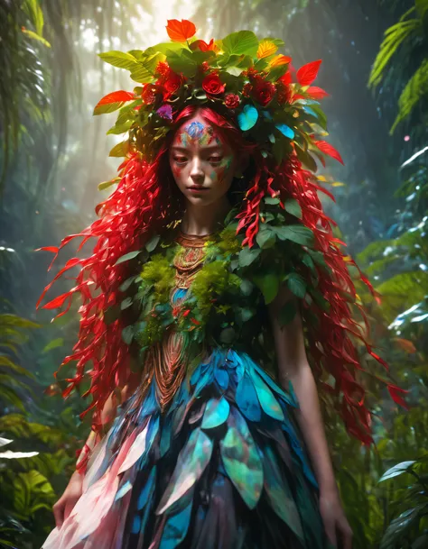 middle，Rainbow color theme，(Girl composed of red plants，The whole body is covered with beautiful plants，A flower crown is worn on his head，corolla，skirt made from plants，Full body photo，head to toe，The stands up，beautiful plant shoes，Become one with the ju...