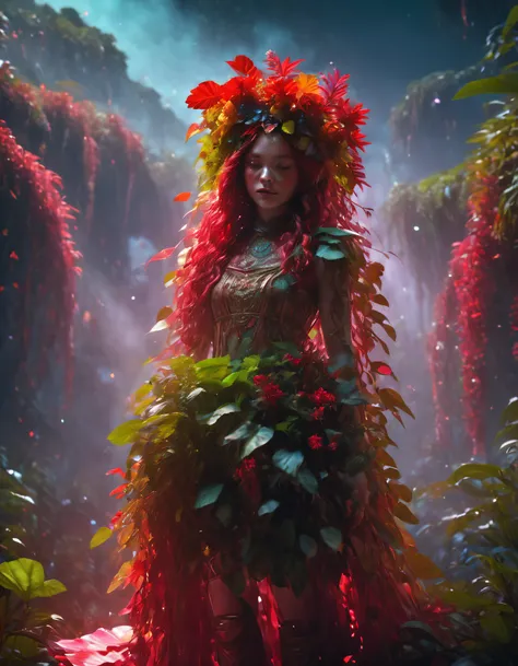 middle，Rainbow color theme，(Girl composed of red plants，The whole body is covered with beautiful plants，A flower crown is worn on his head，corolla，skirt made from plants，Full body photo，head to toe，The stands up，beautiful plant shoes，Become one with the ju...