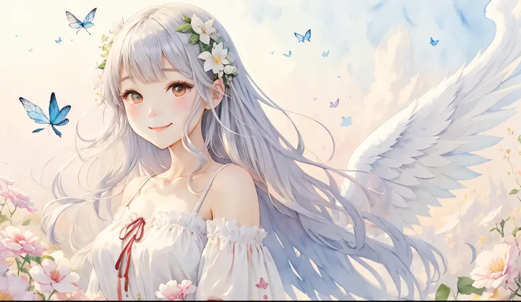 illustratio、watercolor paiting、 Fantasia、 Angel Girl、long white hair、cute little、butterflys々Fluttering、Deformed、portraitures、smile