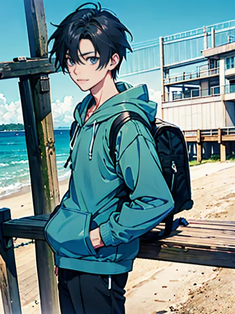 Musculoskeletal augmentation々、a smile、gentle、blue hairs、wearing a blue hoodie、Cartoon man standing with backpack on wooden railing by the beach, Shinkai Makoto style, style of makoto shinkai, makoto shinkai art style, By Shinkai Makoto!, By Shinkai Makoto....