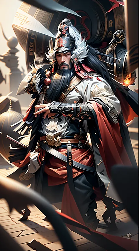 Chinese samurai,Ancient Chinese Three Musketeers Fight,3D face shape,A fierce-eyed,exquisite facial features,Put on lightning,8 k,Octane beautifully rendered,The is very detailed,iintricate,Epic composition,电影灯光,tmasterpiece,trends in art station,very very...