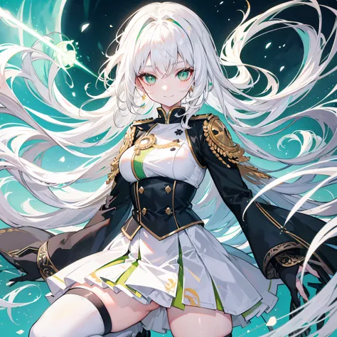 White hair, green eyes, long hair, beautiful female, smile, white uniform, intricate skirt, black skirt, black knee socks up to thighs, sword in right hand