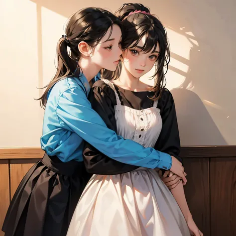 Very cute sisters hugging and kissing happily,Very cute,ssmile,playfully kiss me,Looks fun,My sister has her black hair in a ponytail and looks surprised.....,my sister has short brown bob hair.、kiss my sister on the cheek。.,a junior high school student,Ac...