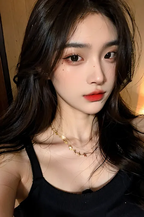 Best Quality, masutepiece, 超A high resolution, (Photorealistic:1.4), Raw photo,1girl in, Solo, Realistic, Lips, Black hair, Looking at Viewer, Black eyes, 牙, Long hair, Hair over one eye, Parted lips, Nose, close-up, Brown hair, Simple background, Brown ey...