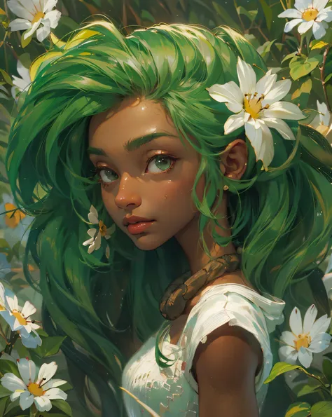 Amalia, wakfu, dofus, game, sadida, dark skin female, 1 girl, long green hair, a plant woman, white top and green shorts, a white flower in her hair, white background, (best quality,4k,8k,highres,masterpiece:1.2), ultra-detailed, (realistic,photorealistic,...