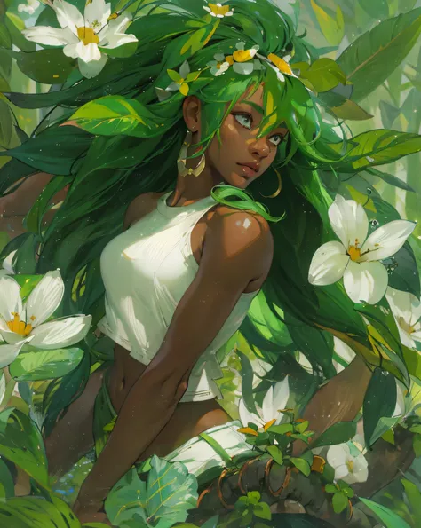 Amalia, wakfu, dofus, game, sadida, dark skin female, 1 girl, long green hair, a plant woman, white top and green shorts, a white flower in her hair, white background, (best quality,4k,8k,highres,masterpiece:1.2), ultra-detailed, (realistic,photorealistic,...