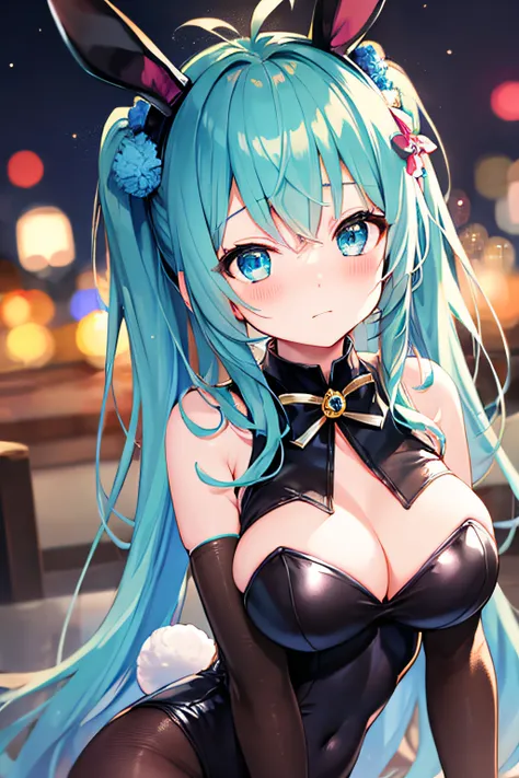 ​masterpiece、Top image quality、超A high resolution、miku hatsune、blue hairs、Twin-tailed、Blushing、Cute and shy、Bunny Girl Costume、Wearing a rabbit ear headgear、firm breasts、well-shaped breasts、Black tights、Night