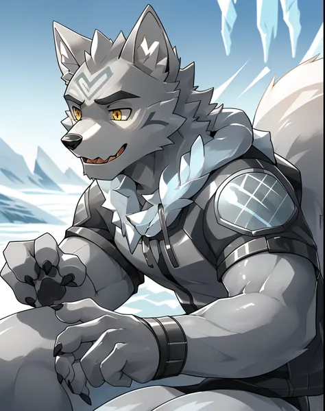 high-detail, hyper quality, high-res, 1080p, bara, furry, (male arctic fox: 1.5), (gray fur: 1.5), (Gray skin: 1.5), Gray ears, golden eyes, dog paw, (fluffy tail: 1.2), detailed numbers, (furry sensation of animal ears;)