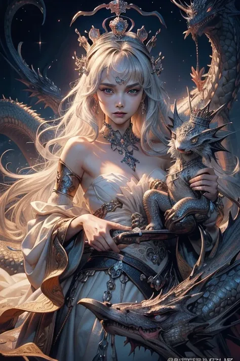 (masterpiece, top quality, best quality, official art, beautiful and aesthetic:1.2), (1maturedgirl), cute, extreme detailed, colorful, highest detailed, royal, crown, princess with little dragon, sharp nose, adorable eyes, 1 girl 1 man, silver hair, focus ...