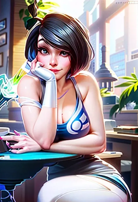 a woman sitting at a table with a laptop computer on her lap, artgerm and lois van baarle, orianna, lois van baarle and rossdraws, lovely brigitte from overwatch, style artgerm, fiora from league of legends, inspired by Lois van Baarle, faye valentine, cyb...