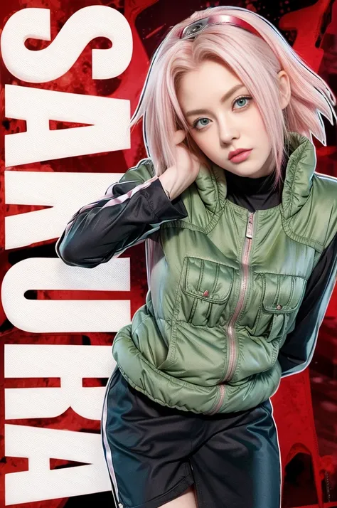 young woman, porcelain skin, long bubblegum pink hair, big pink lips, big emerald green eyes, pink eyebrows, red clothes, Sakura Haruno, 3d, realism, 8k