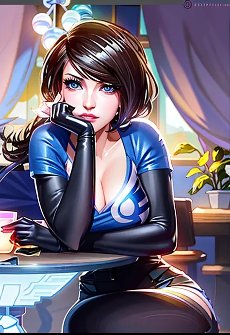 a woman sitting at a table with a laptop computer on her lap, artgerm and lois van baarle, orianna, lois van baarle and rossdraws, lovely brigitte from overwatch, style artgerm, fiora from league of legends, inspired by Lois van Baarle, faye valentine, cyb...