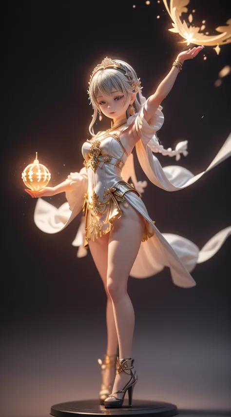 (Blind box toy style:1.2), (fully body photo) , 1 cute female metal dancer, Delicate metal robes, Baroque style, dreamy glow, Clean, Black draft,White gold style， ( globalillumination, Ray traching, HighDynamicRange, unreal render,Reasonable design, high d...