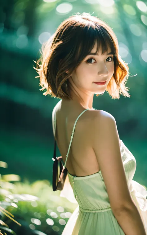 tmasterpiece, Best quality, 8K, 1 girl, Cute girl in Japan, in summer, at a forest, small stream, Out of focus, Number 18, Large breasts,Half open eyes, Cute little turtle, Alone, Mouth closed, ssmile, summer outfit, girlish, Delicate girl, Clean and beaut...