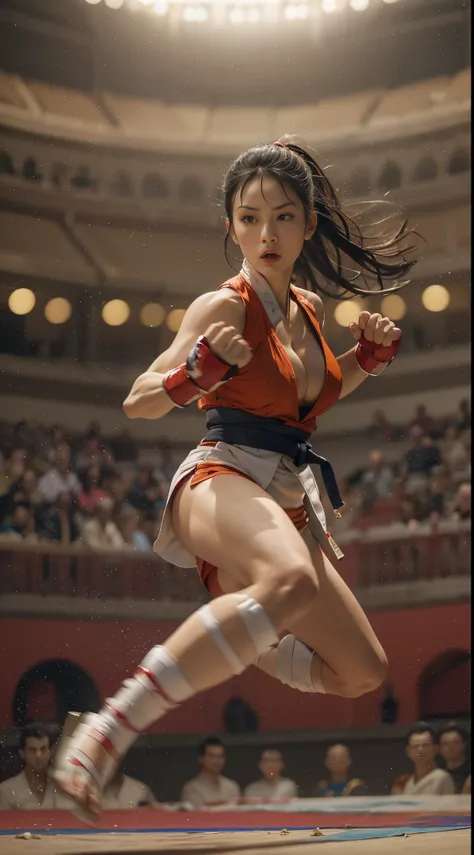 8k, best quality, highres, realistic, real person, A female martial artist in a fighting tournament, exhibiting a fierce, determined expression as she delivers a powerful kick. The scene captures the intensity and focus of the fighter, showcasing her athle...