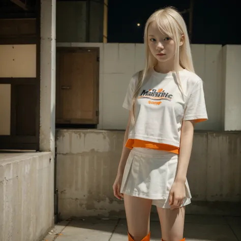 ((best quality)), ((masterpiece)), (detailed), perfect face, young girl, albino, short stature, Asian, holds her left hand on her hip, straight hair to the hip, white sports skirt, orange T-shirt, white and orange boots, night city