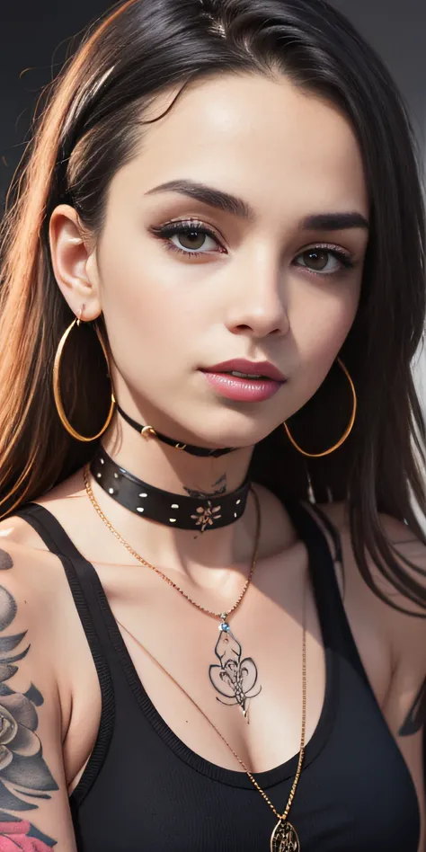 araffe tattooed woman with a black top and a chain around her neck, she is wearing a black tank top, looks like fabiula nascimento, malika favre, wearing intricate black choker, she is wearing streetwear, piercings collar, tattooed, style of flavie audi, n...