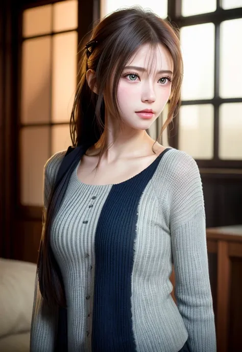 8K, of the highest quality, masutepiece:1.2), (Realistic, Photorealsitic:1.37), of the highest quality, masutepiece, Beautiful young woman, Pensive expression, Gentle eyes, Lovers、Hair tied back, Messy mood, Cinematic background,  Light skin tone