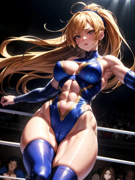 Best Quality, masutepiece,  High resolution, (Anime Heroine Illustration), Anime Paint, 1beautiful girl ,Dynamic Angle,Female wrestlers,small head,Large breasts,Trained abs,nice legs, Glowing skin, Sweat,At a professional wrestling venue ,Detailed beautifu...