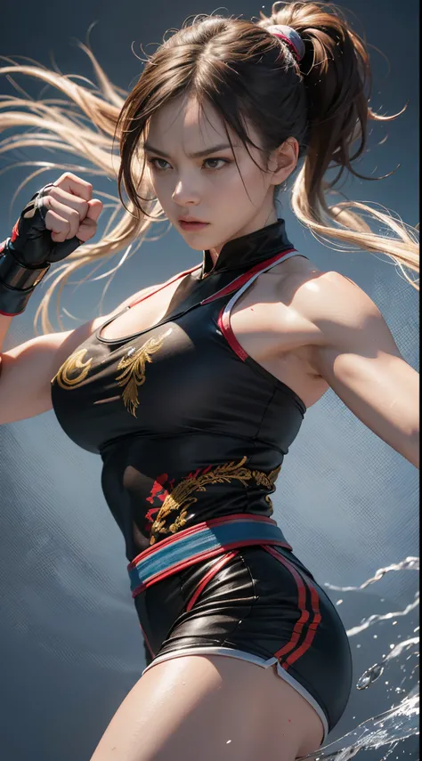 8k, best quality, highres, realistic, real person, A female martial artist in a fighting tournament, exhibiting a fierce, determined expression as she delivers a powerful kick. The scene captures the intensity and focus of the fighter, showcasing her athle...