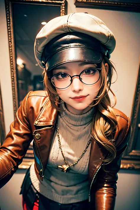 masterpiece, concept art, centered, close up shot, portrait, standing, 1girl, Melania, reverse 1999, glasses, long blonde hair, leather jacket, black skirt, (red legging), flat cap, museum background