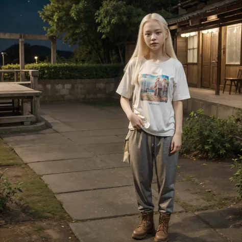 ((best quality)), ((masterpiece)), (detailed), perfect face, young girl, albino, short stature, Asian, holds her left hand on her hip, straight hair to the hip, traveling bag, traveling trousers, T-shirt, boots, night nature