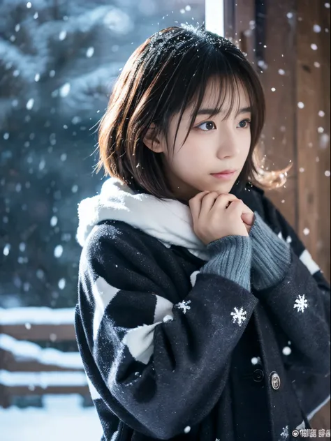 While watching the snow falling quietly. Her introspective and tearful expression、Makes you feel longing for winter nights and melancholy。。。、top-quality、hyper HD、奈良美智, Japanese Models, Beautiful Japan wife, With short hair, 27-year-old female model, 4 k ],...