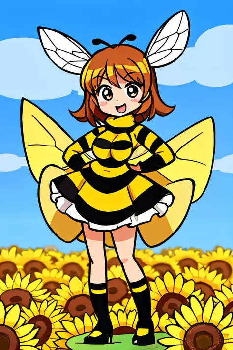 Draw a standing cartoon female character in the image of a bee，Full body photo，ssmile，Cute big breasts，wings open，hands on the waist